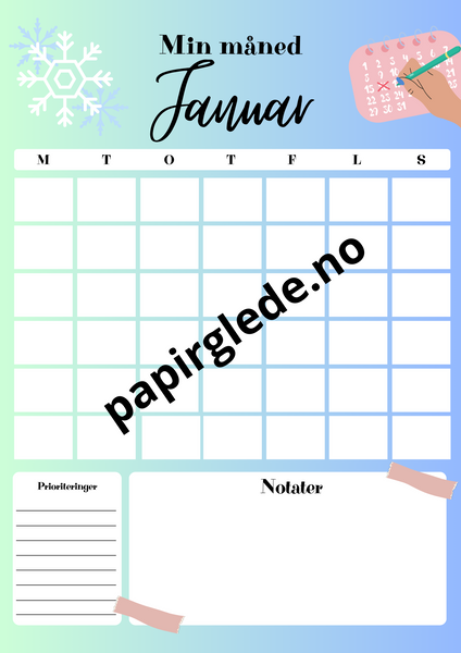 Min måned - årskalender A4 med 12 ark (pdf) blå-grønn