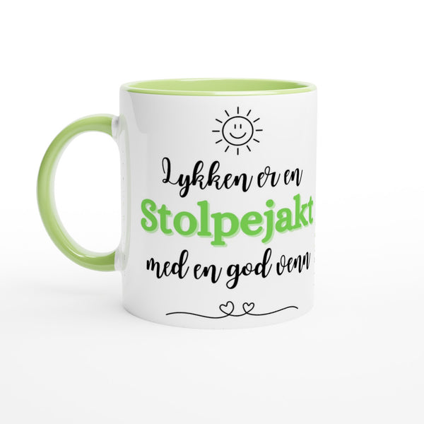 "Lykken er en Stolpejakt med en god venn" kaffekopp hvit/grønn