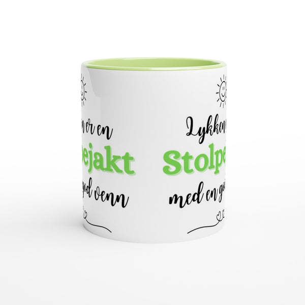"Lykken er en Stolpejakt med en god venn" kaffekopp hvit/grønn