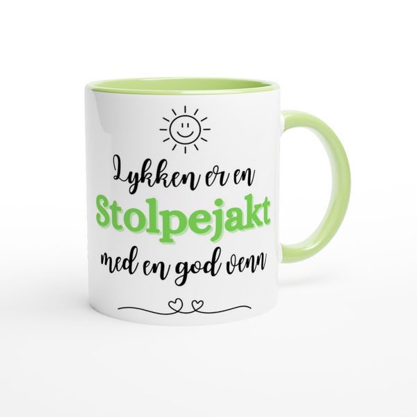 "Lykken er en Stolpejakt med en god venn" kaffekopp hvit/grønn