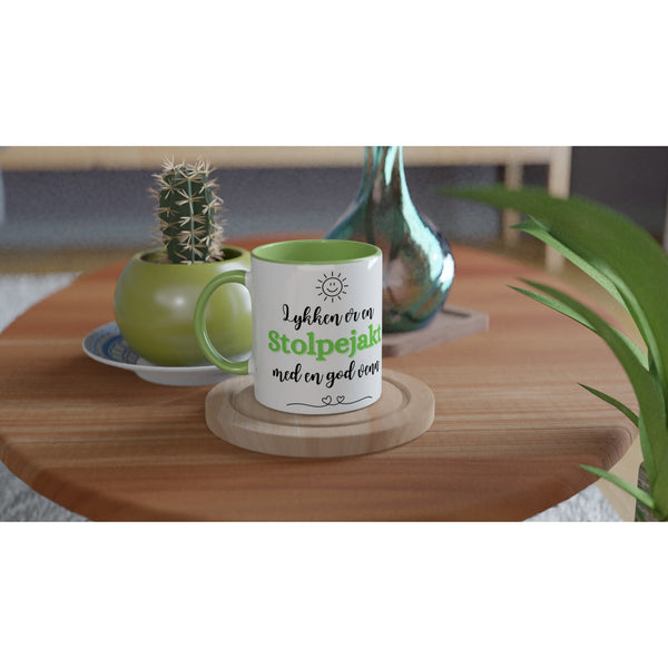 "Lykken er en Stolpejakt med en god venn" kaffekopp hvit/grønn