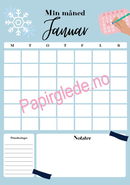 Min måned - årskalender A4 med 12 ark (pdf) blå