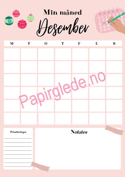 Min måned - årskalender A4 med 12 ark (pdf) rosa