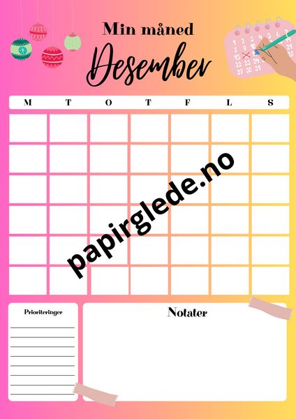 Min måned - årskalender A4 med 12 ark (pdf) rosa-gul