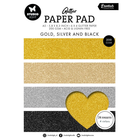 Essentials Glitter Paper Pad - Gold, silver and black A5