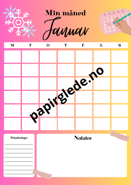 Min måned - årskalender A4 med 12 ark (pdf) rosa-gul