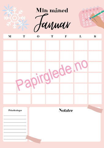 Min måned - årskalender A4 med 12 ark (pdf) rosa