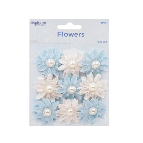 Fabric flowers with pearl decoration - blue and beige