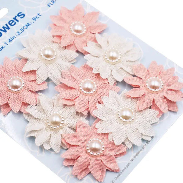 Fabric flowers with pearl decoration - pink and beige